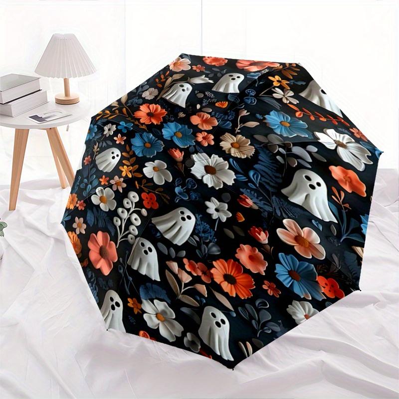 1pc Ghosts & Flowers Pattern Beautiful Looking Automatic Folding Umbrella, 3 Folding, 8 Iron Frame Design, Durable and Suitable for Travel and Da