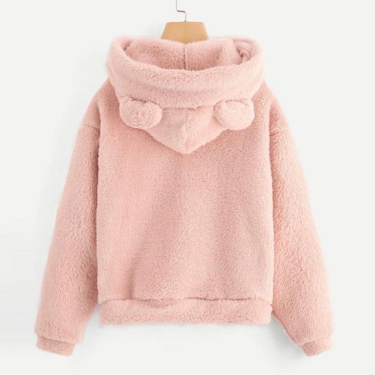 Women Cozy Fleece Pullover Hoodie Long Sleeve Plush Sweatshirt Warm Bear Ear Teddy Hooded