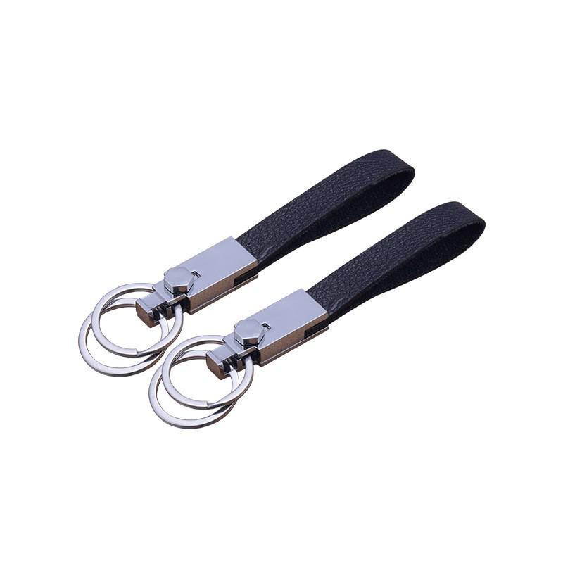 Men s High-End Leather Keychain with Double Metal Ring and Embossed Logo