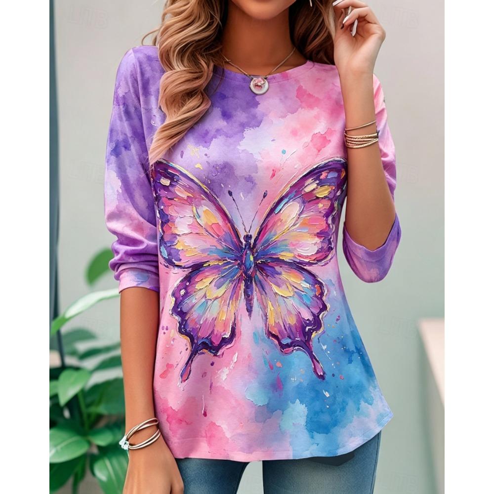 Women's Long Sleeve Crew Neck Watercolor Fox Print Casual T-Shirt, Regular Tops for Spring Summer Daily Weekend Wear
