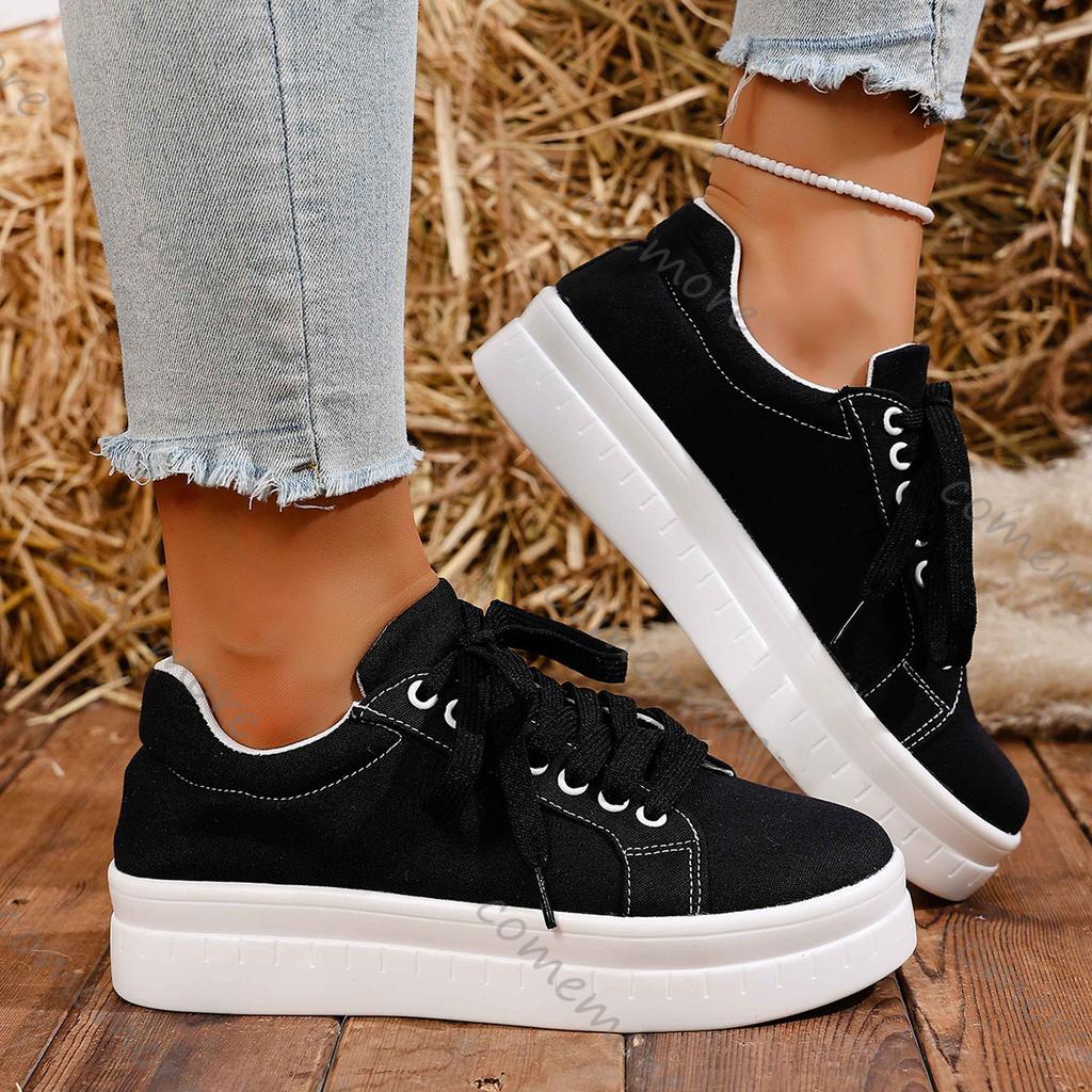 Comemore Spring Autumn Women Platform Vulcanize Shoes Round Toe Lace Up Casual Flat Sneakers Comfortable Large Size Board Shoes