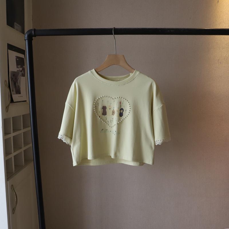 

2025 Summer Women s Korean Style Round Neck Puppy Print Heart Beaded Short Sleeve T-shirt One Size