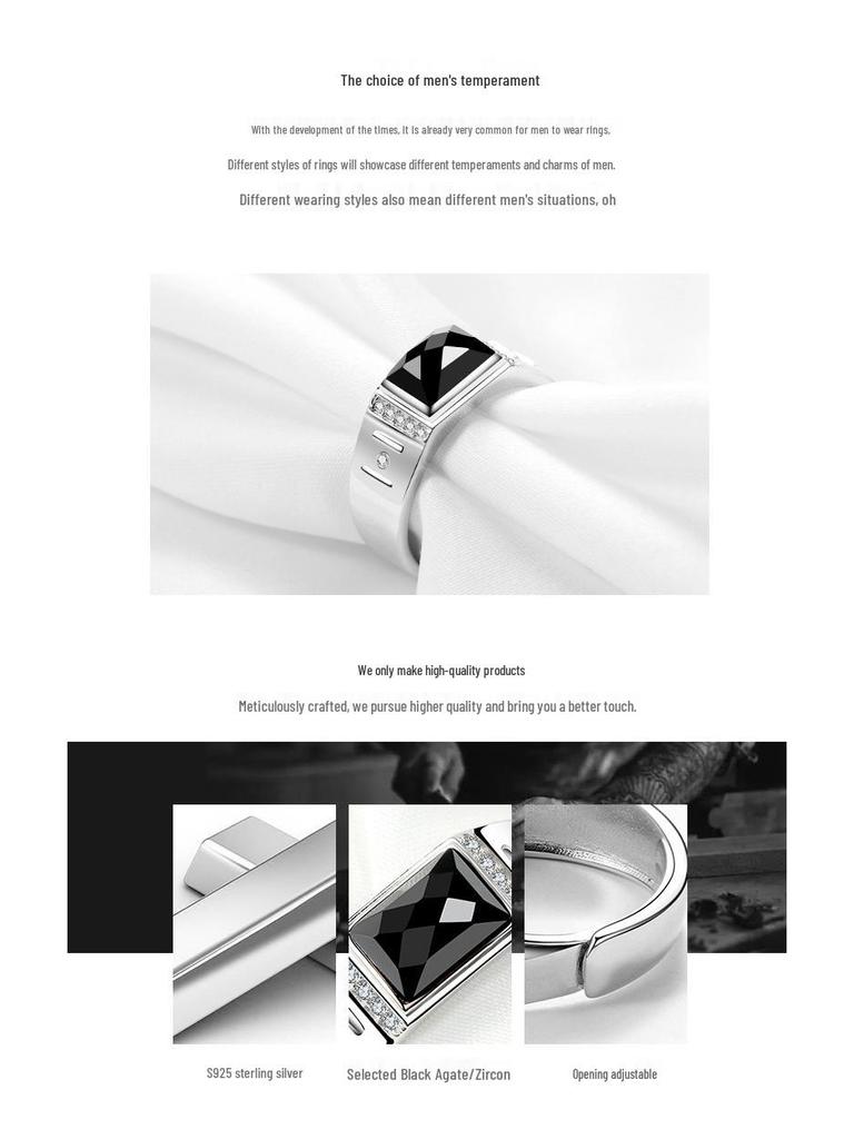 Men's Sterling Silver 925 Black Agate White Gold Plated Open Ring