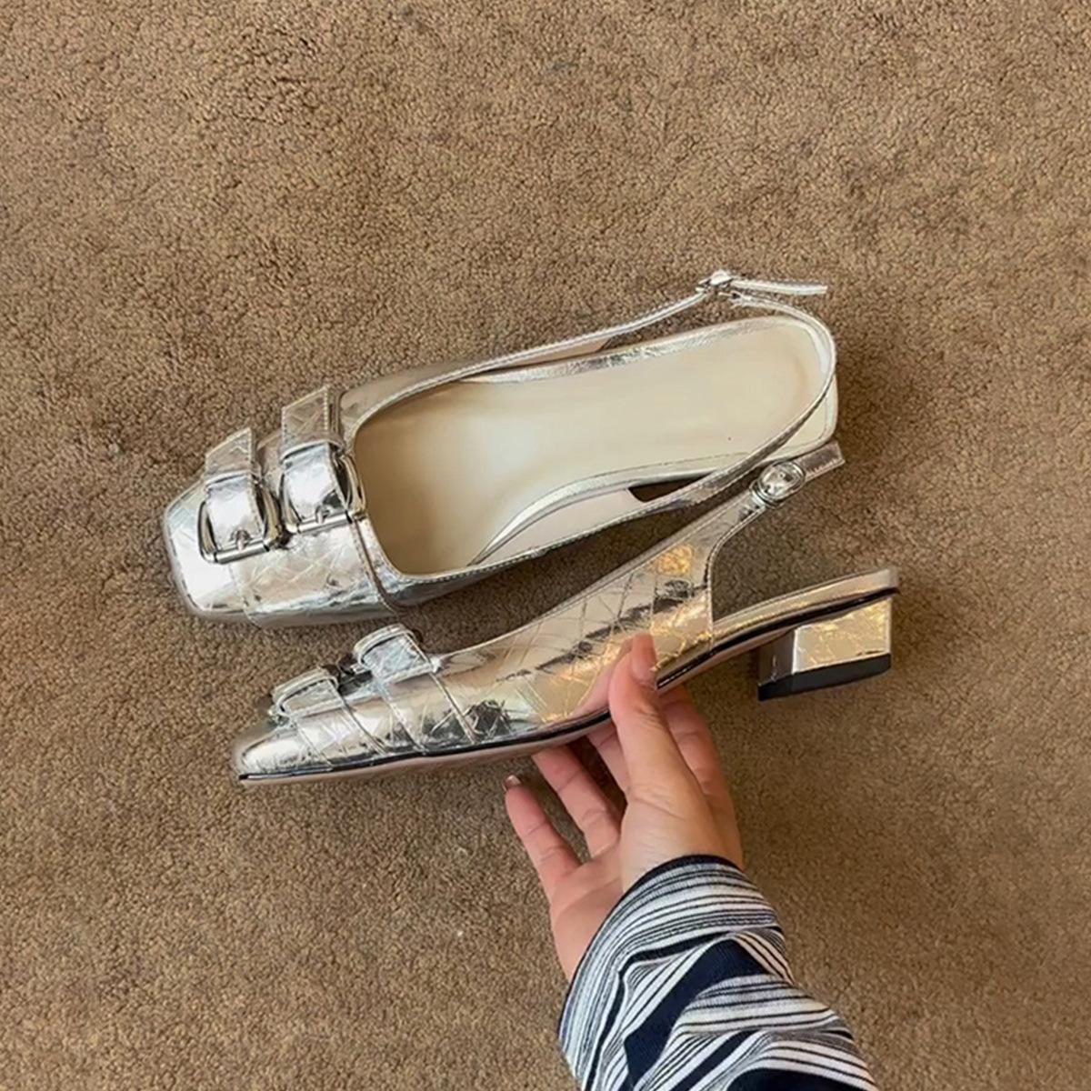 

Foreign style version~ New design belt buckle shallow mouth square head sandals women s one-pedal versatile with skirt temperament single shoes 40 серебряный