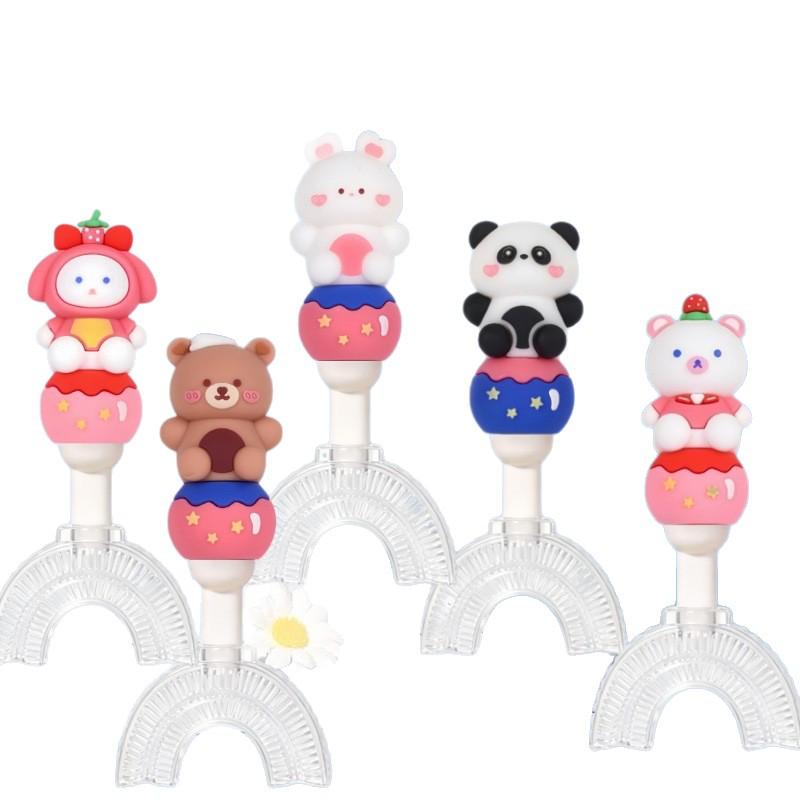 Children's U-Shaped Toothbrush with Soft Bristles, Silicone Brush Head, and Cartoon Handle for Ages 1-12.