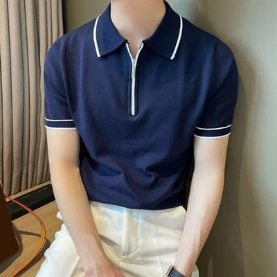 Yousheng Herren Sommerhemd Dünn Gestrickt Kurzarm Reißverschluss Revers Top Dehnbarer Saum Gestreift Einfarbig Locker Hemd für Pendeln Reisen Outdoor