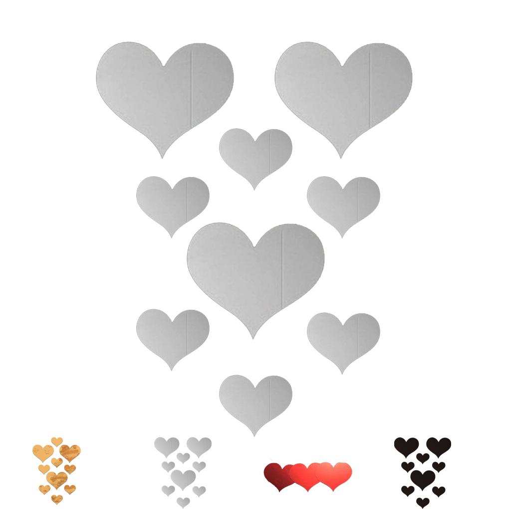 10 Pièces/Ensemble Autocollant Miroir Cœur d'Amour Acrylique 3D Papier Peint Miroir DIY Amovible Stickers Muraux Salon