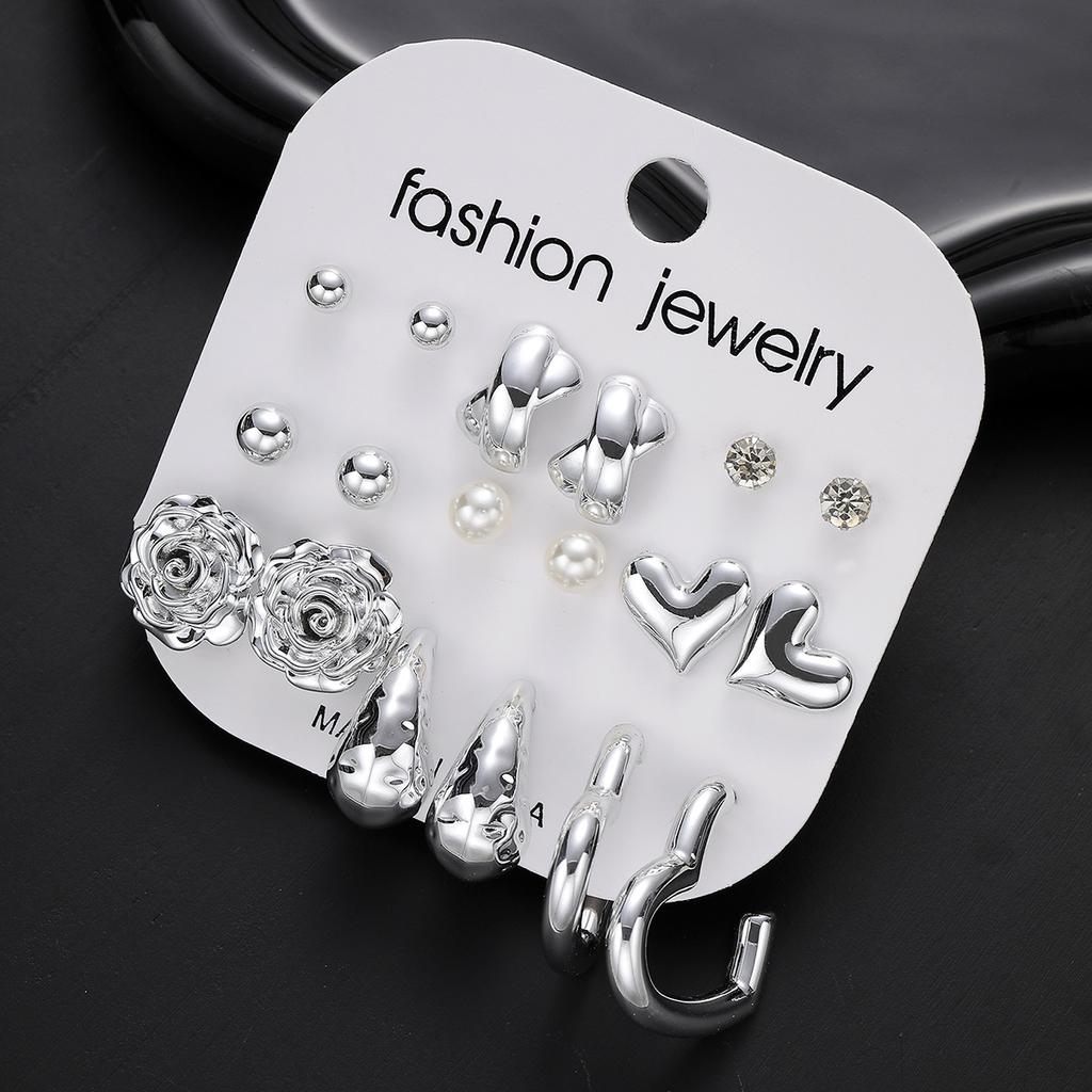 9 Pairs Vintage Heart Teardrop Knot Earrings Set For Women Pearl Crystal Minimalist Stud Hoop Earrings Trendy Daily Wear Jewelry