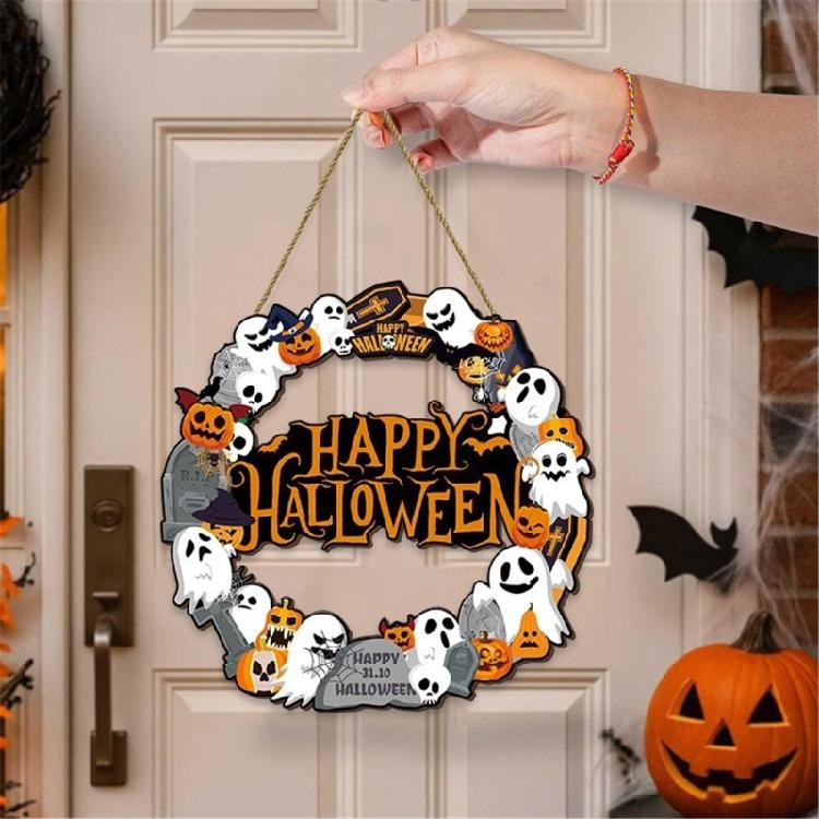 Halloween Türschild Dekoration Hängend Holz Wanddekoration Rustikal Haustür Hänger für Zuhause Zimmer Innen Außen Feiertag