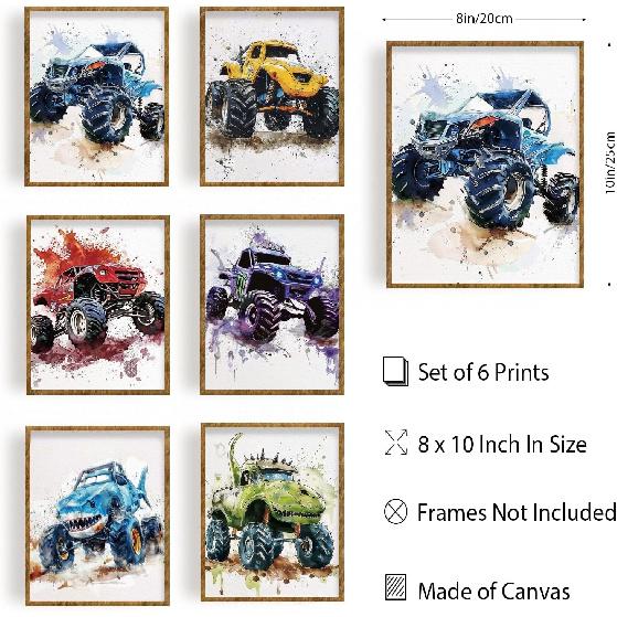 FREEBLOSS 6 Set Unframed Monster Truck Wall Art Prints 8"x10" Ink Painting Canvas Art Posters Funny Abstract Canvas Print Wall Art Paintings for Home