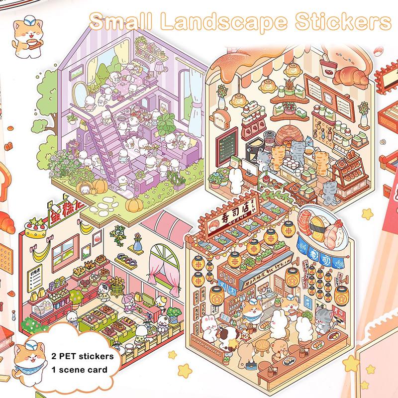 1Set Cute Three-Dimensional Handbook Stickers Miniature Scene Stickers Cartoon Pocket Cabin Scene Stacking Pasting Stickers