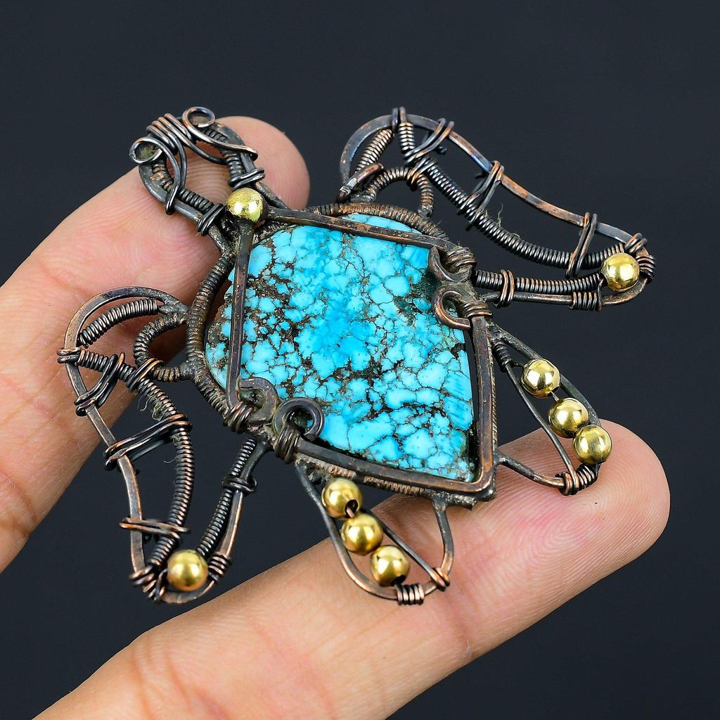 Turtle Shaped Tibetan Turquoise Gemstone Copper Wire Wrap Handmade Pendant Jewelry