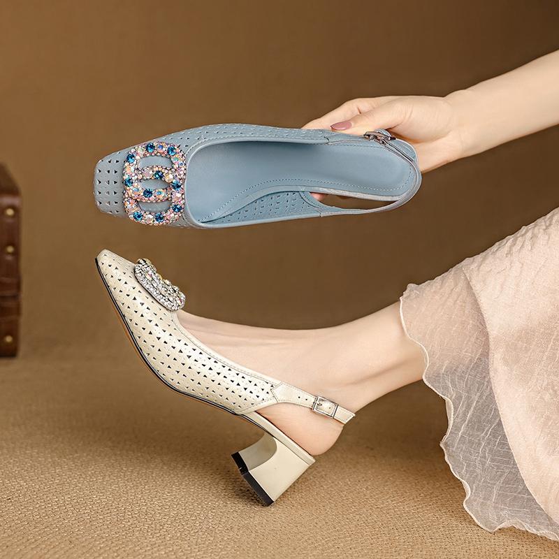 Fashion Women's new summer breathable hole leather cowhide rhinestone accessories with loose grip high heels and toe caps sandals