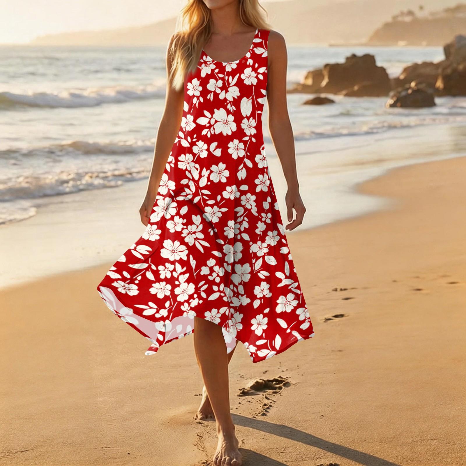 

Women s Casual Sleeveless Dress Floral Print Round Neck Irregular Hem Mid-Length Summer Dress Lightweight Comfortable Fabric S розовый