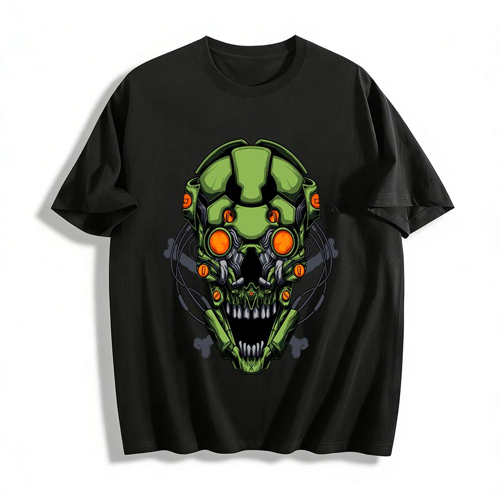 Cyberpunk Mech Skull Print Edgy Casual Men s Short Sleeve Tee Pure cotton T-shirt XXS