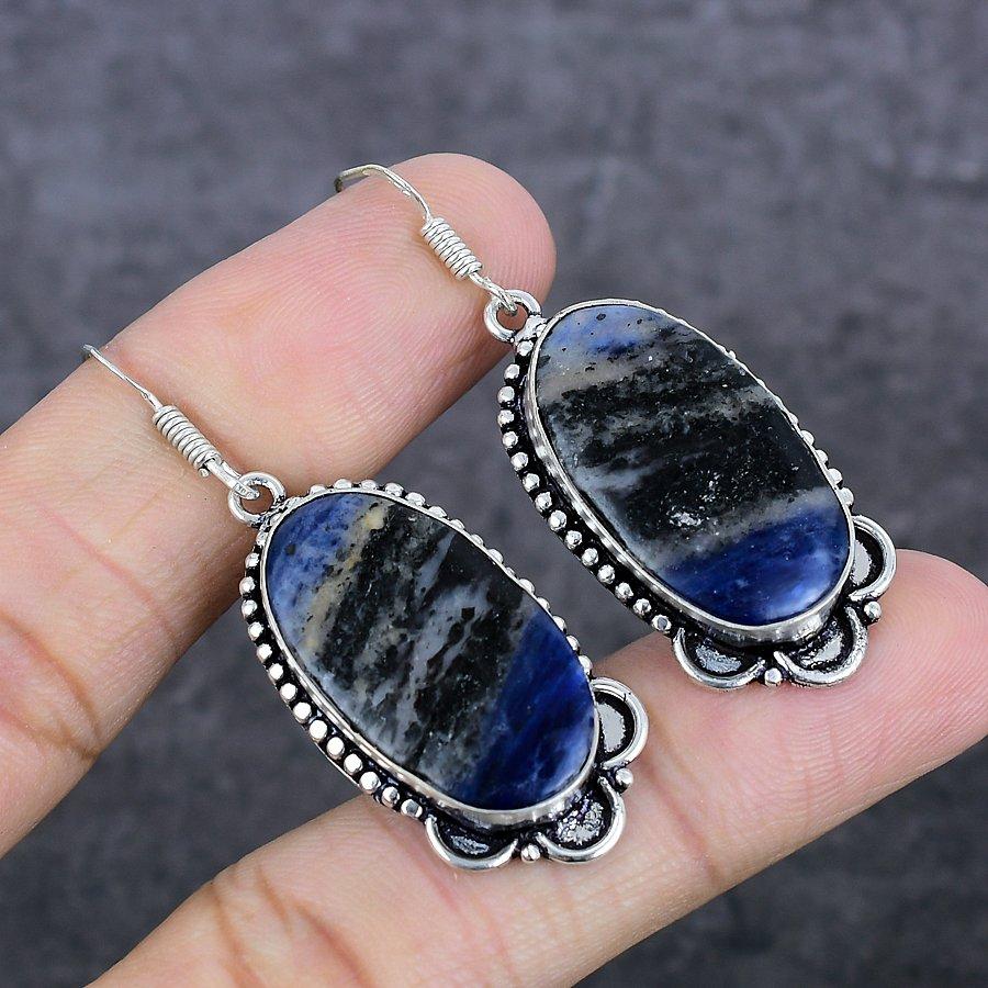 Sodalite Handmade 925 Sterling Silver Jewelry Earring 2.13" o4Y37