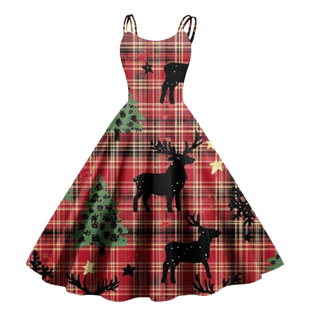 Women's Fashion Christmas Printed Sexy Strapless Gothic Cocktail Dress Punk Vintage Dress