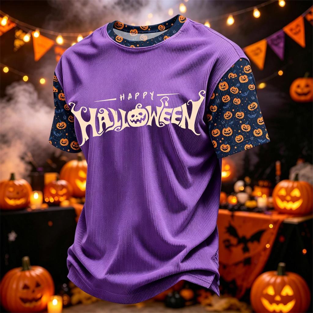 Herren Casual Corduroy Kurzarm Leicht Atmungsaktiv Rundhalsausschnitt Oberteil Halloween-Thema Aufdruck Buchstaben Design Bequeme Passform
