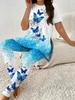 Butterfly European and American Letters Round Neck Starry Sky Color Gradual Change Short Sleeve Yoga Trousers Set