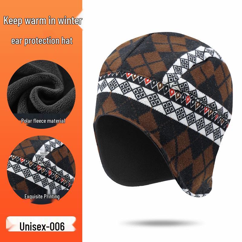 Windproof Fleece Lei Feng Hat: Warm, Faux Cashmere Printed Design with Ear Protection for Cycling