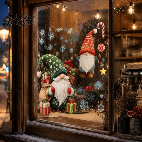 Indoor Window Art Christmas Gnome Cling, Waterproof Snowflake Glass Decal, PVC Decals Faceless Dwarf Static Sticker for Holiday Decoration Winter Home