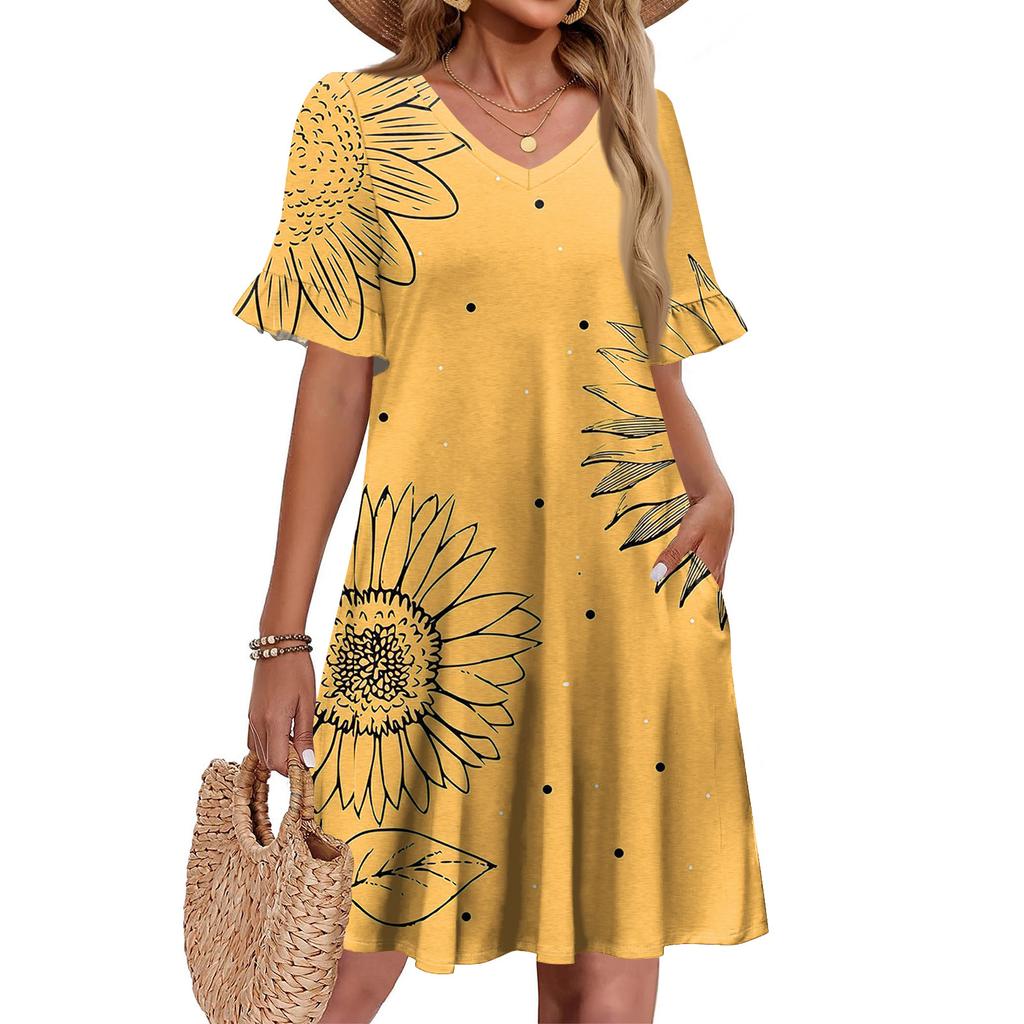 Women A Line Sun Dress Short Sleeve V Neck Printed Dress With Pockets