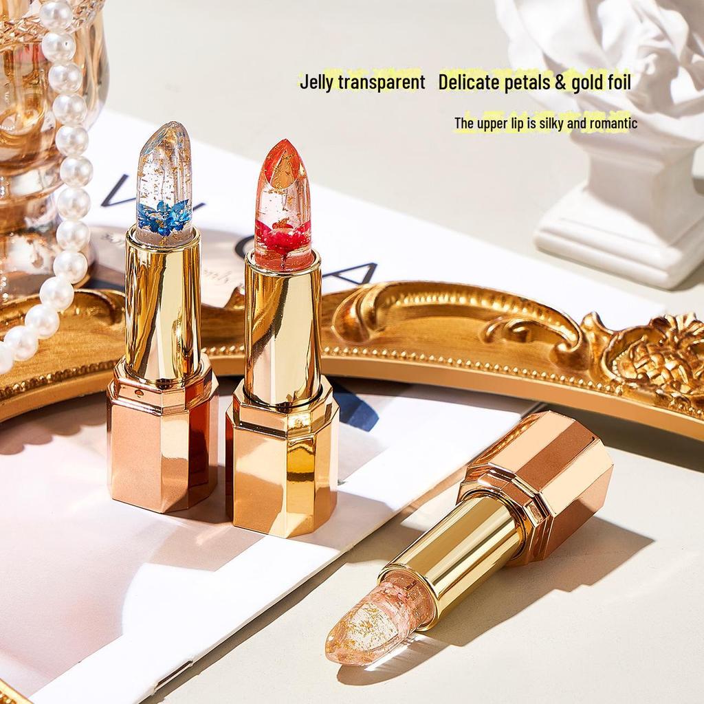 Petal Flower Color-Changing Jelly Lipstick with Gold Foil: Non-Stick, Long-Lasting, Moisturizing Formula.