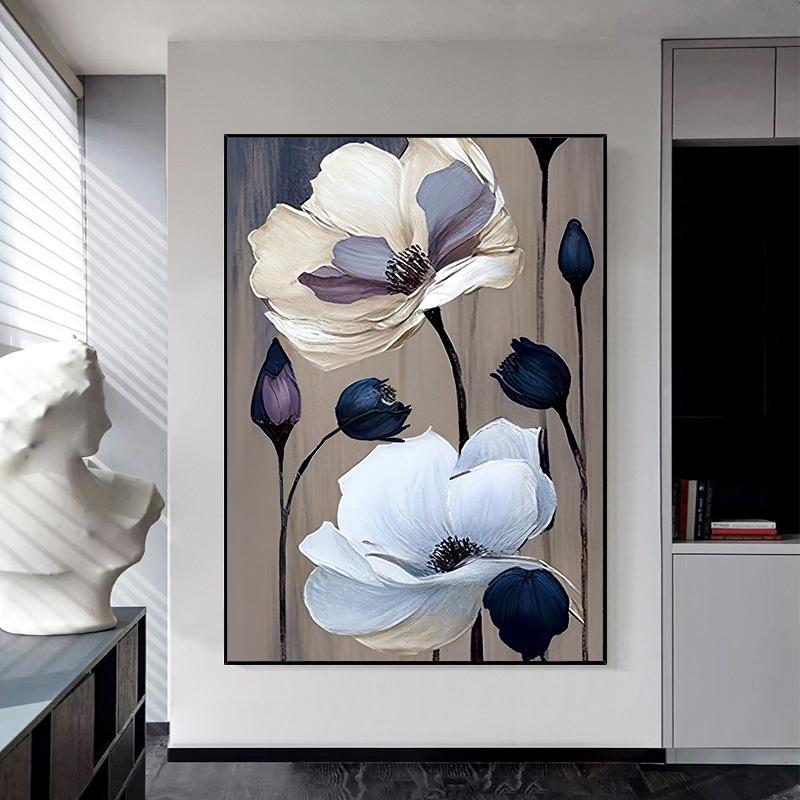 Abstrakt Oljemålning av Blommor och Blad Tryckt på Duk Vita Blommor Affischer Blommiga Tryck för Vardagsrum Veranda Väggdekoration