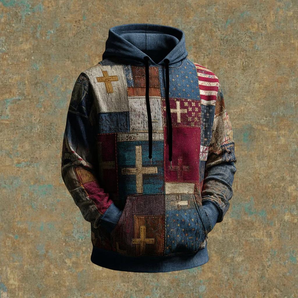 Men's Vintage Casual American Flag Cross Hoodie Patriotic Shirt