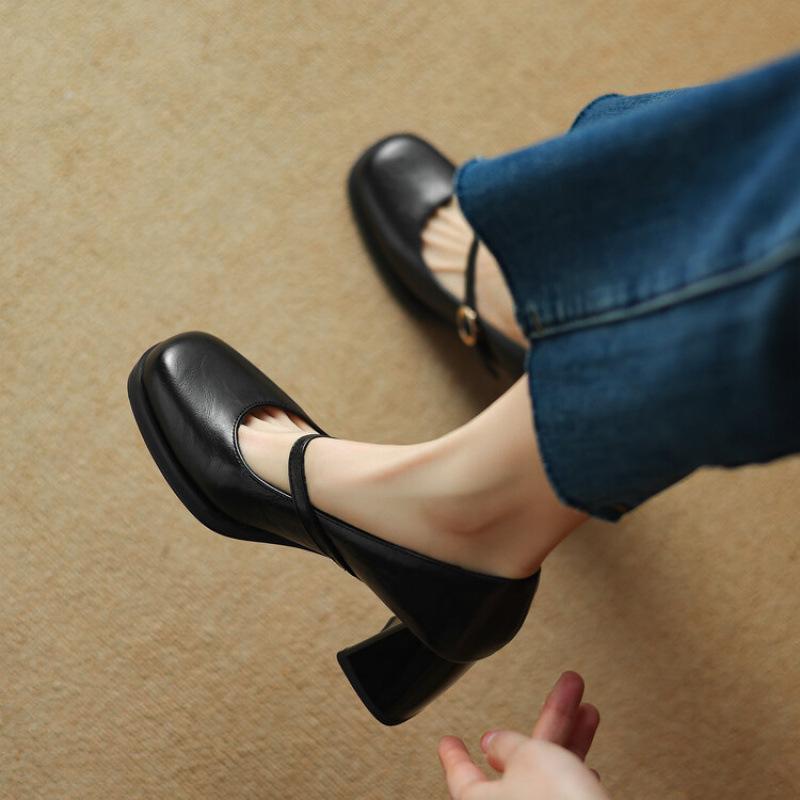 New women's round head single shoes casual solid color platform high heel large size shoes thick heel buckle four seasons wear small leather shoes 