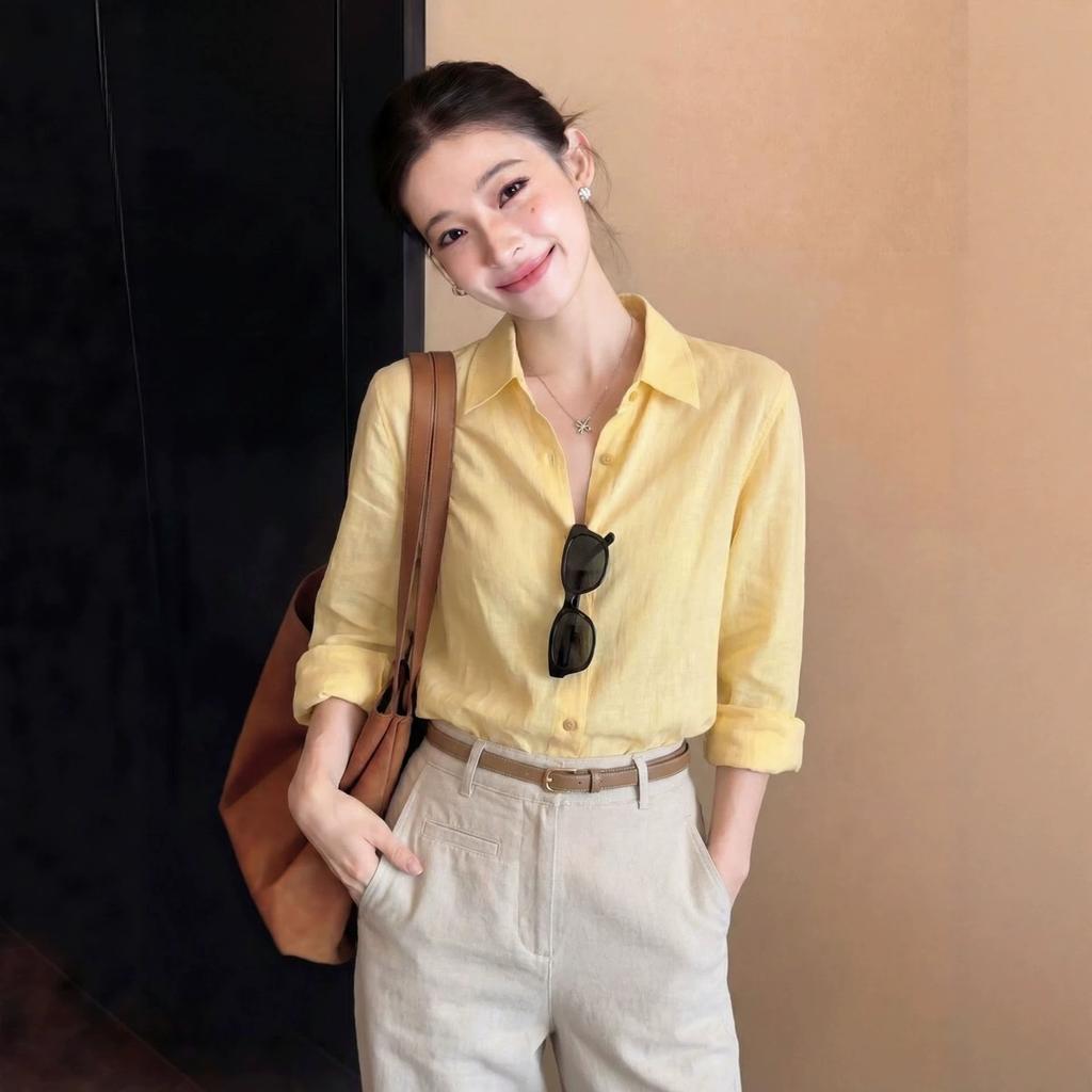 Summer New Linen Minimalist Old Money Simple Solid Color Sunscreen Shirt Women's Simple Casual Shirt A
