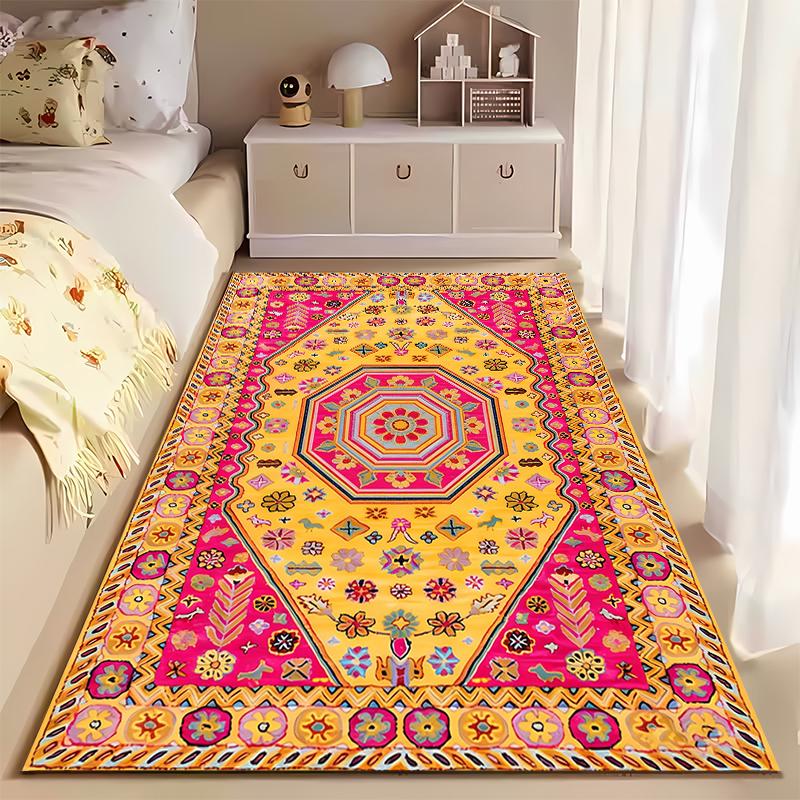 Bohemian Style Carpet with Geometric Floral Pattern in Yellow & Red Suitable for use as an anti-slip for living room bedroom sofas