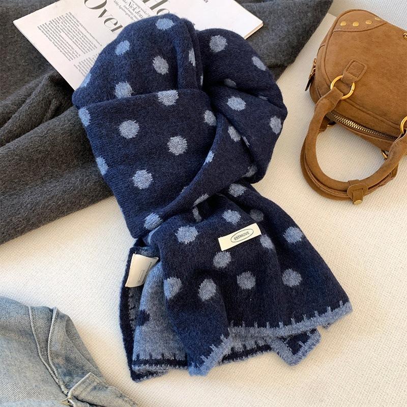 Korean Lazy Wind Polka Dot Double-sided Knitted Plush Scarf Women's Autumn and Winter Warm Versatile Thickened Neck Protection Small Scarf
