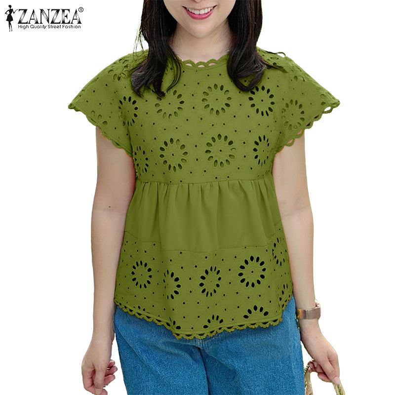 ZANZEA Women Summer Round Neck Short Sleeve Hollow Blouse