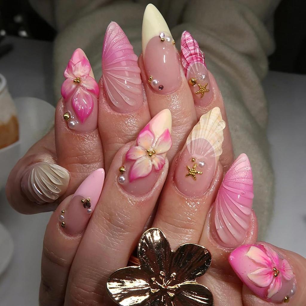 Nakhoon Premium 3D Blumenschale Aufstecknägel für Damen | Wiederverwendbare Mandel-Fingernägel | Glänzende Nude-Rosa Französische Spitze Künstliche Nägel mit Perlen-Design