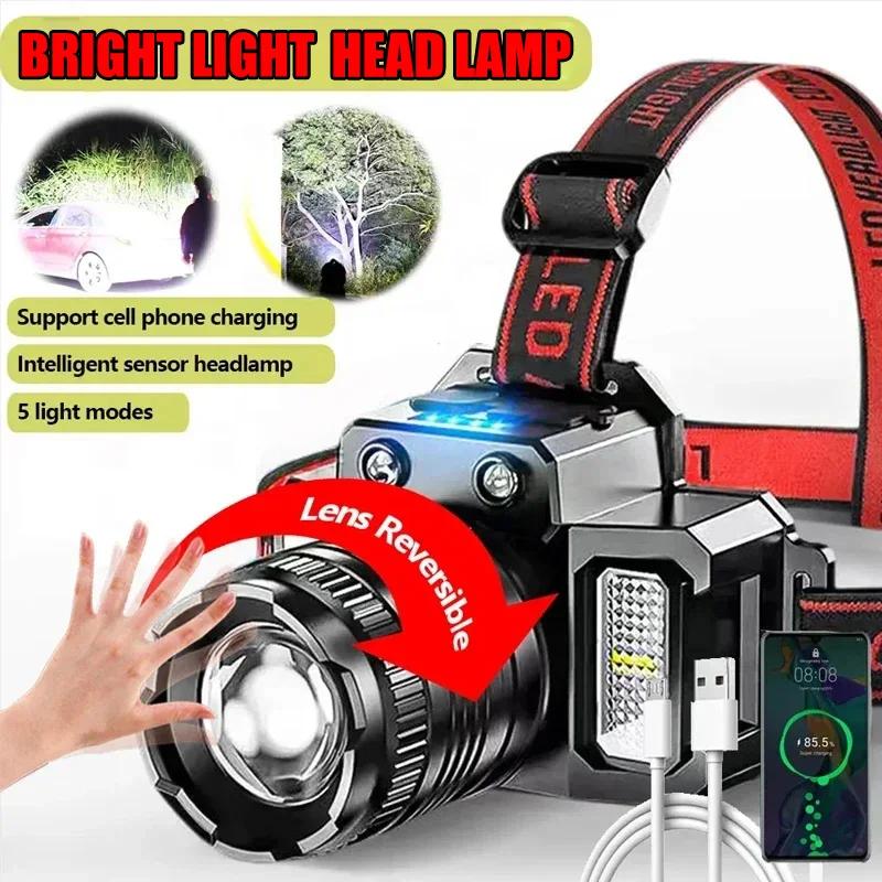 LED Intelligent Sensing Headlight Head Mounted Strong Light Flashlight Outdoor Work Light Electric Display Fishing Light