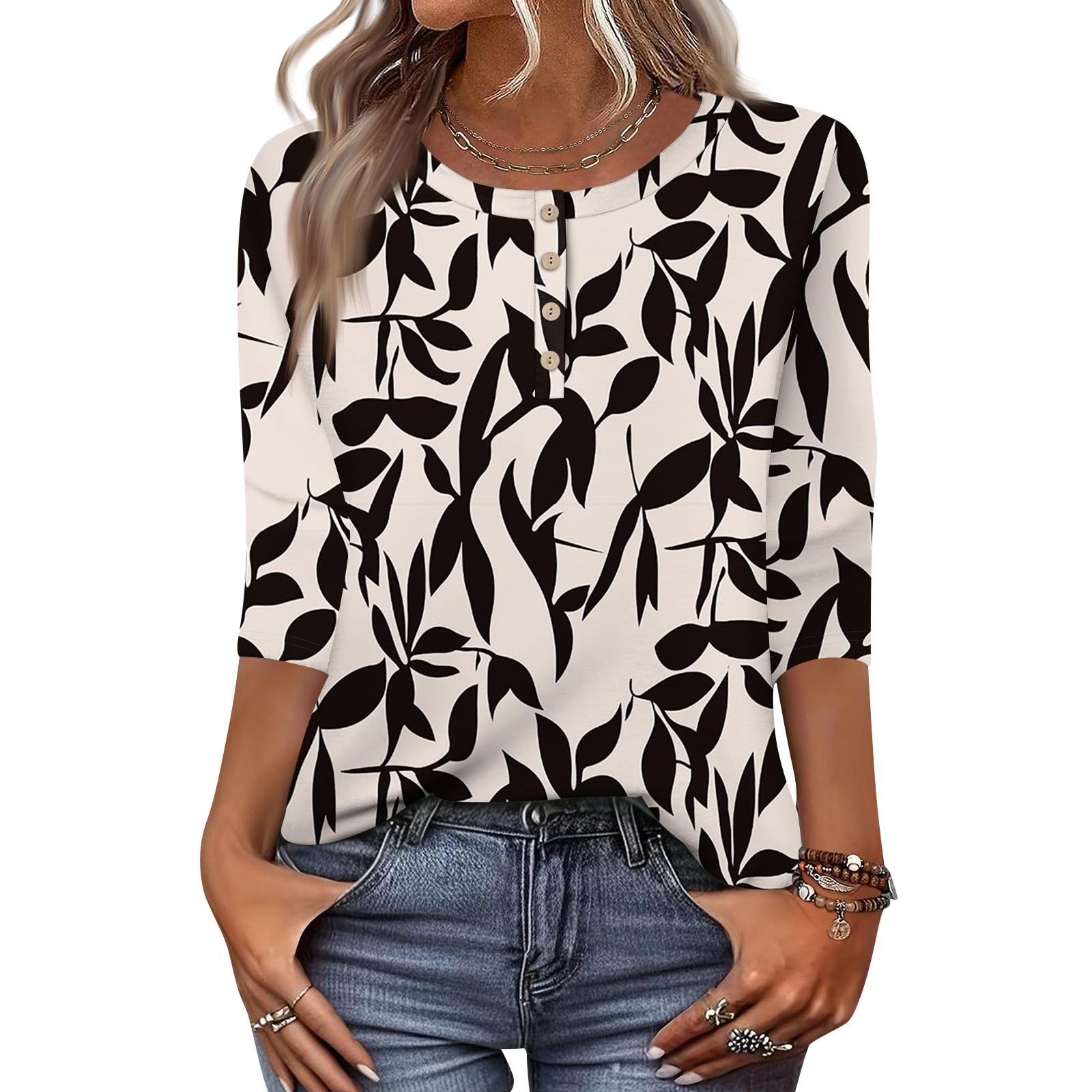 

Жіночі топи з рукавами 3/4, квіткові сорочки, сорочка на половину ґудзиків, літня блузка з круглим вирізом L бежевий