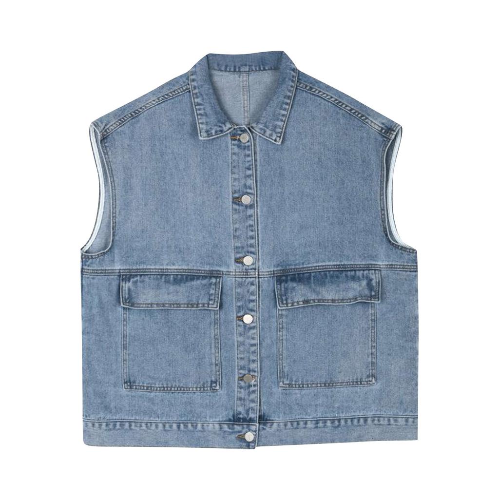 Damenmode-Taschen-Jeansjacke, lässig, ärmellos, Mantel, Weste