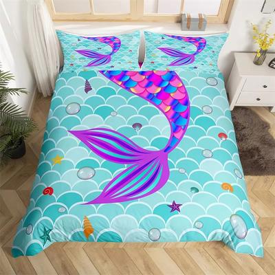 Funda Nórdica Escamas de Pez Funda de Colcha Cola de Sirena Matrimonial Microfibra Decoración de Habitación Kawaii para Niño Adolescente con Concha Estrella de Mar