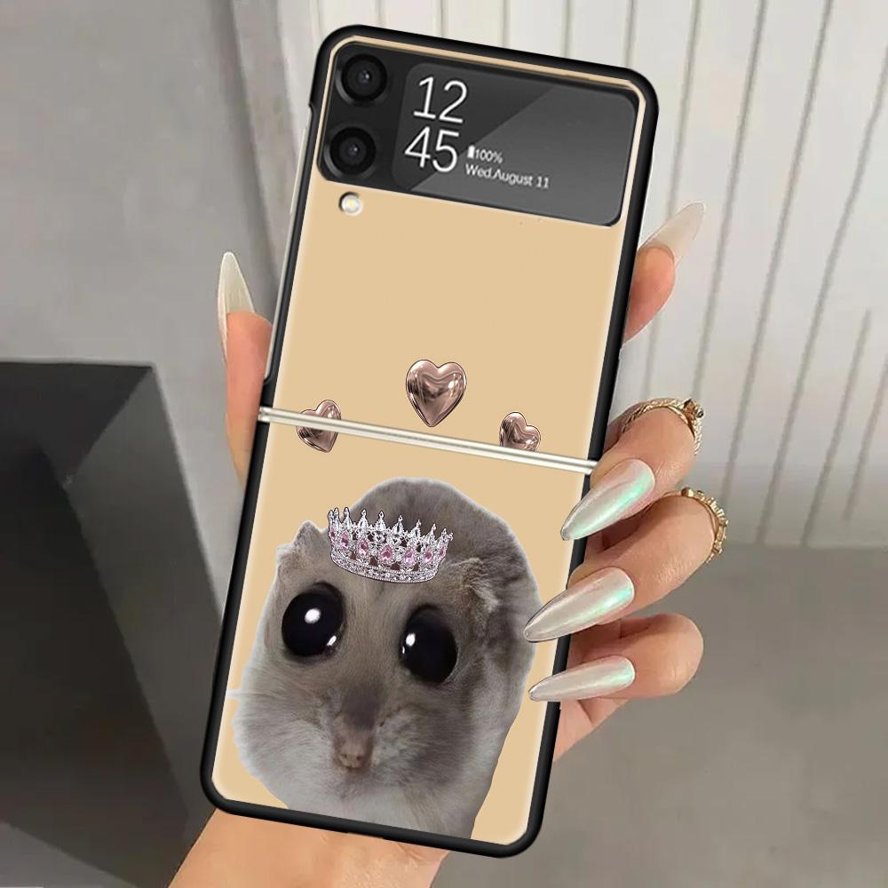 Funny Sad Hamster Meme Hard PC Phone Case For Samsung Galaxy Z Flip 7 6 5 4 3 Black ZFlip7 ZFlip6 Flip5 Flip4 Flip3 5G Print Cov