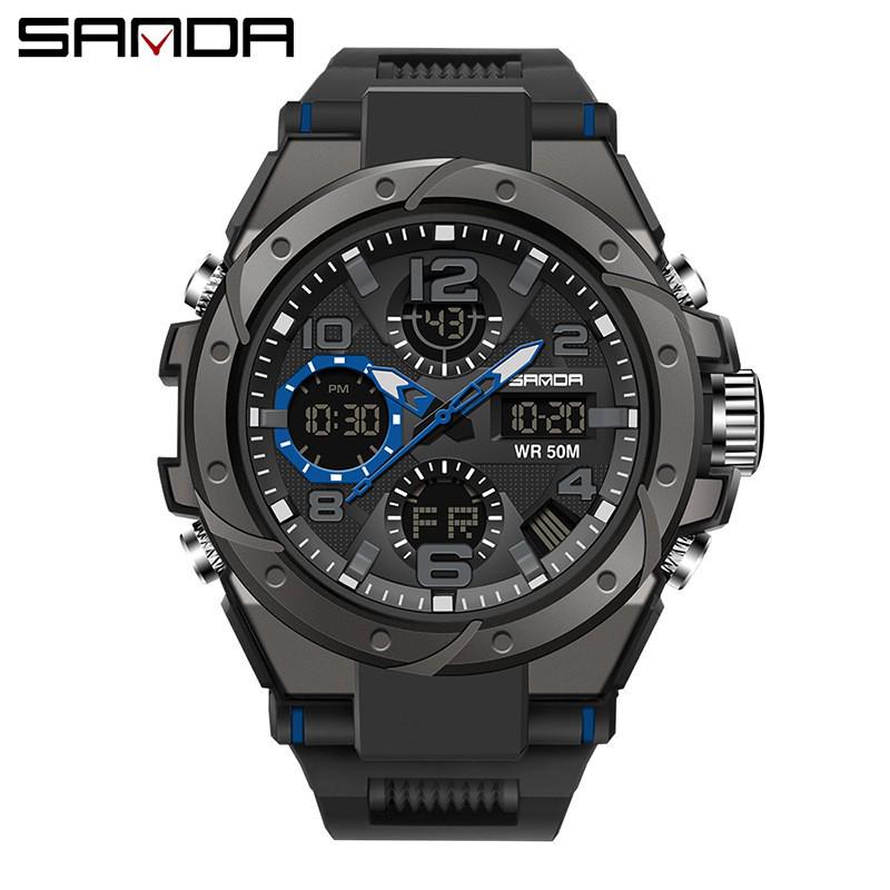 Sanda Men's Multifunctional Dual Display Waterproof Sports Watch with Luminous & Alarm Features