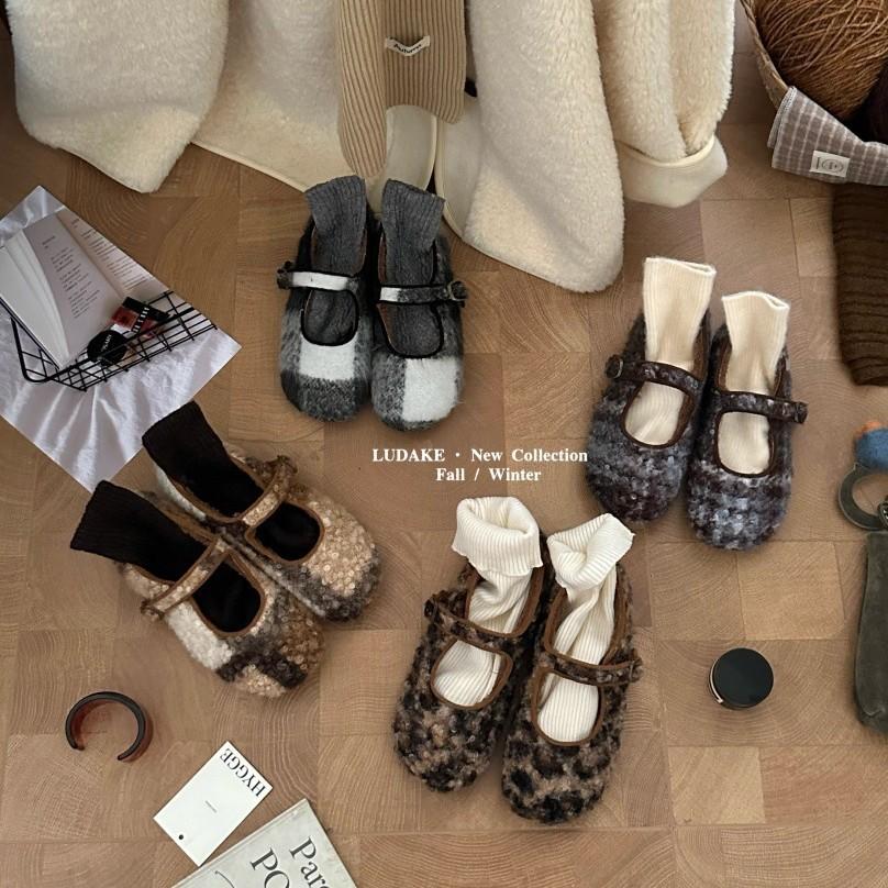 Inner Height Increase Leopard Print Mary Jane Fluffy Shoes Women Wear New Gray Woolen Single Shoes Thick-soled Velvet Cotton Shoes In Winter