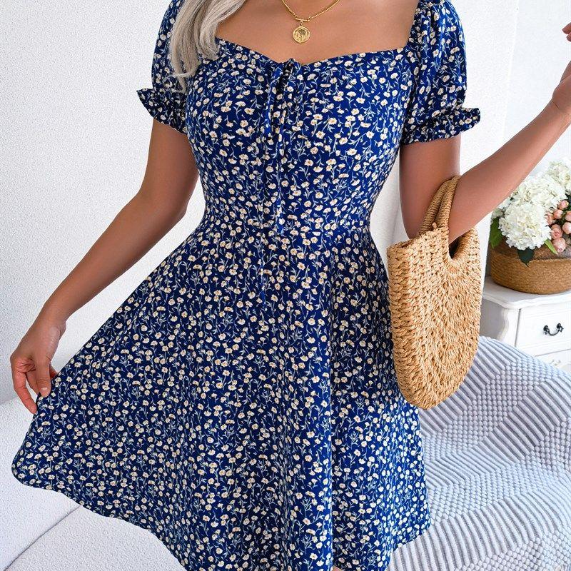 

Women Casual Ruffles Short Sleeve Floral Print A Line Dress deep blue M(M)
