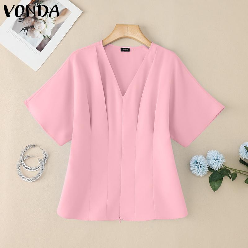 

VONDA Women Girls V Collar Short Sleeve Ruffled Slim Waist Casual Blouse 5XL розовый