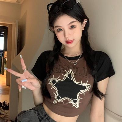 Tops cortos para mujer, camisetas de verano con bordado de estrellas, camisetas de manga corta con cuello redondo, camiseta informal coreana Y2k
