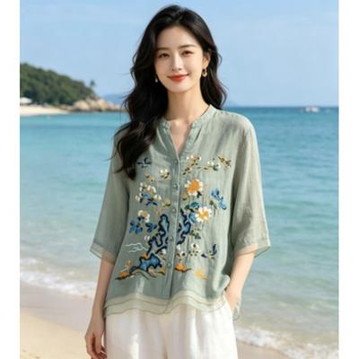 Women's Summer Thin Embroidery Five-minute Sleeve Shirt Splicing Causal Button Chinese Style Blouse