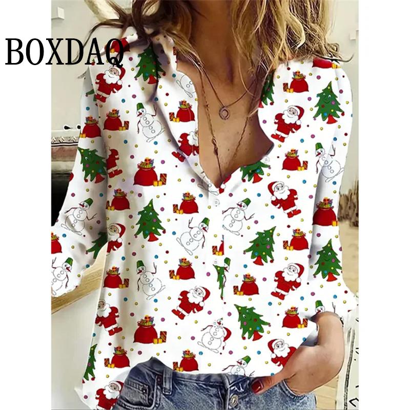 Women's New 3D Christmas Print Long Sleeve Blouses Elegant Lapel Long Sleeve Tops Winter Spring Single-Breasted Basic Shirt