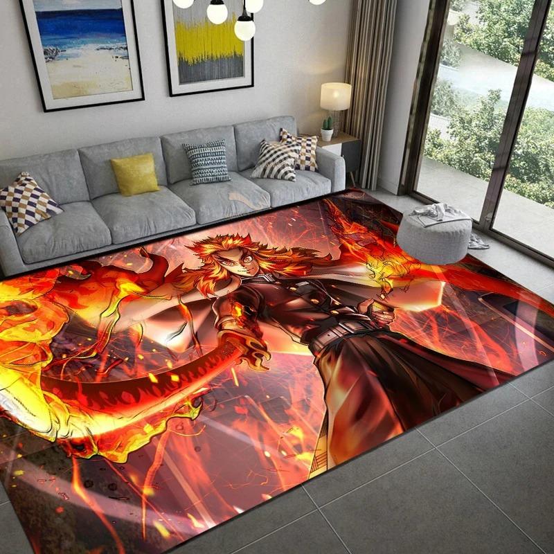 Anime Samurai Carpet Mat Rug Flame Water Effects Dynamic Character Home Decoration Vibrant Action Style Floor Mat Bedroom Carpet
