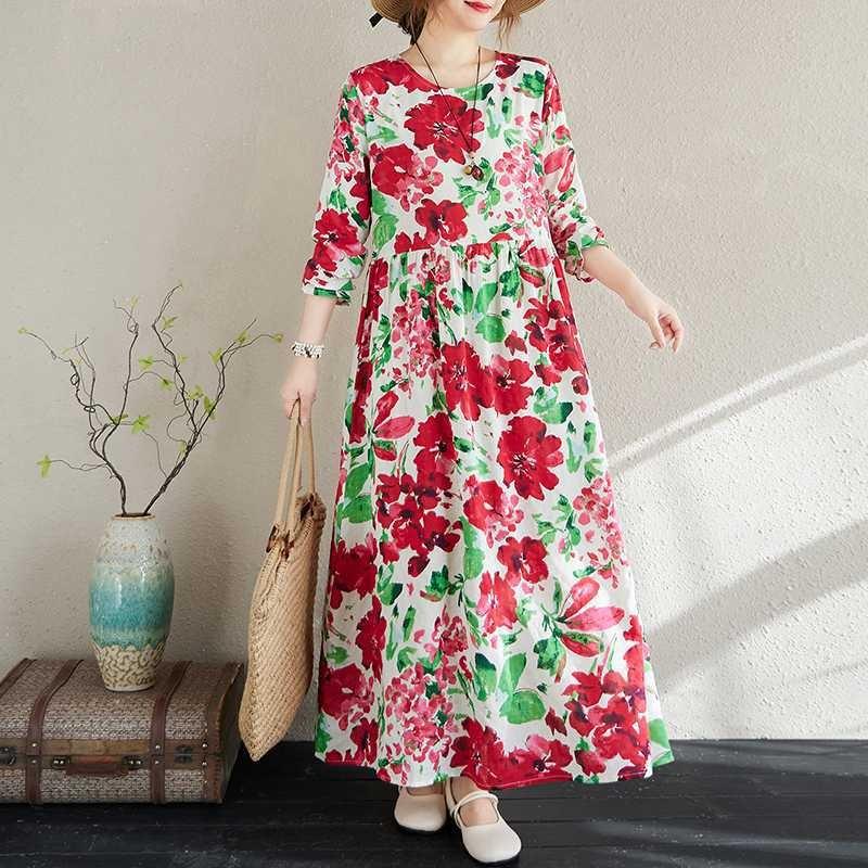2025 New Floral Vacation Style Travel Round Neck Vintage Dresses