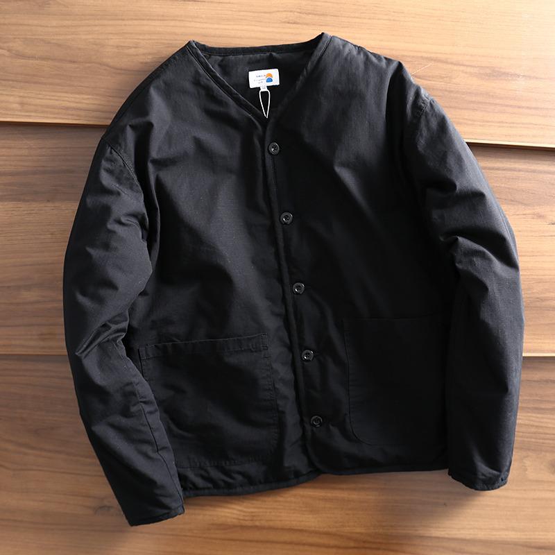 

Japanese Vintage Collarless Cotton Workwear Jacket for Men - Autumn/Winter Solid Color Casual Outerwear XXL чорний